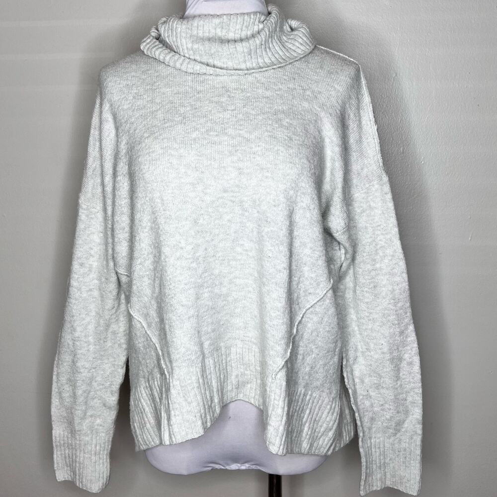 Lucky Brand Turtleneck Sweater Large Cowl Neck Gray Knit Forward Seam Relaxed